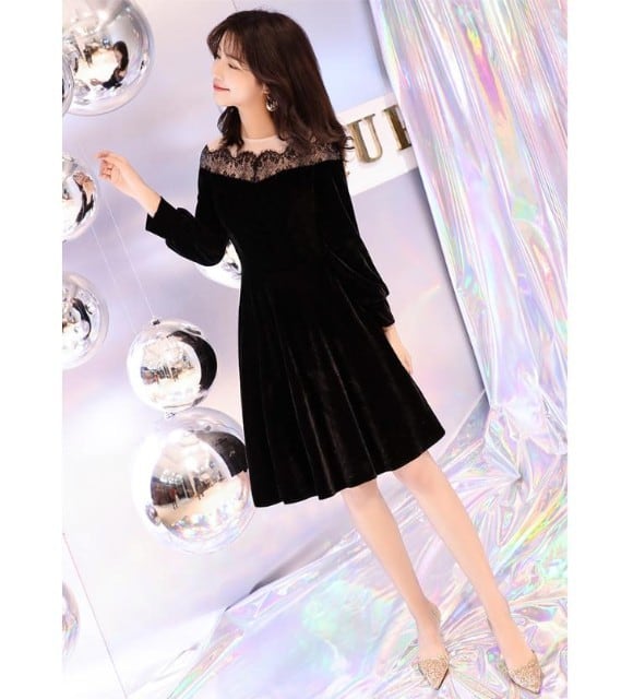 デコルテ レース ワンピース ドレス 長袖 フレアスカート Aライン ベロアドレス Xs ３l Ka Kanoa ドレスショップ