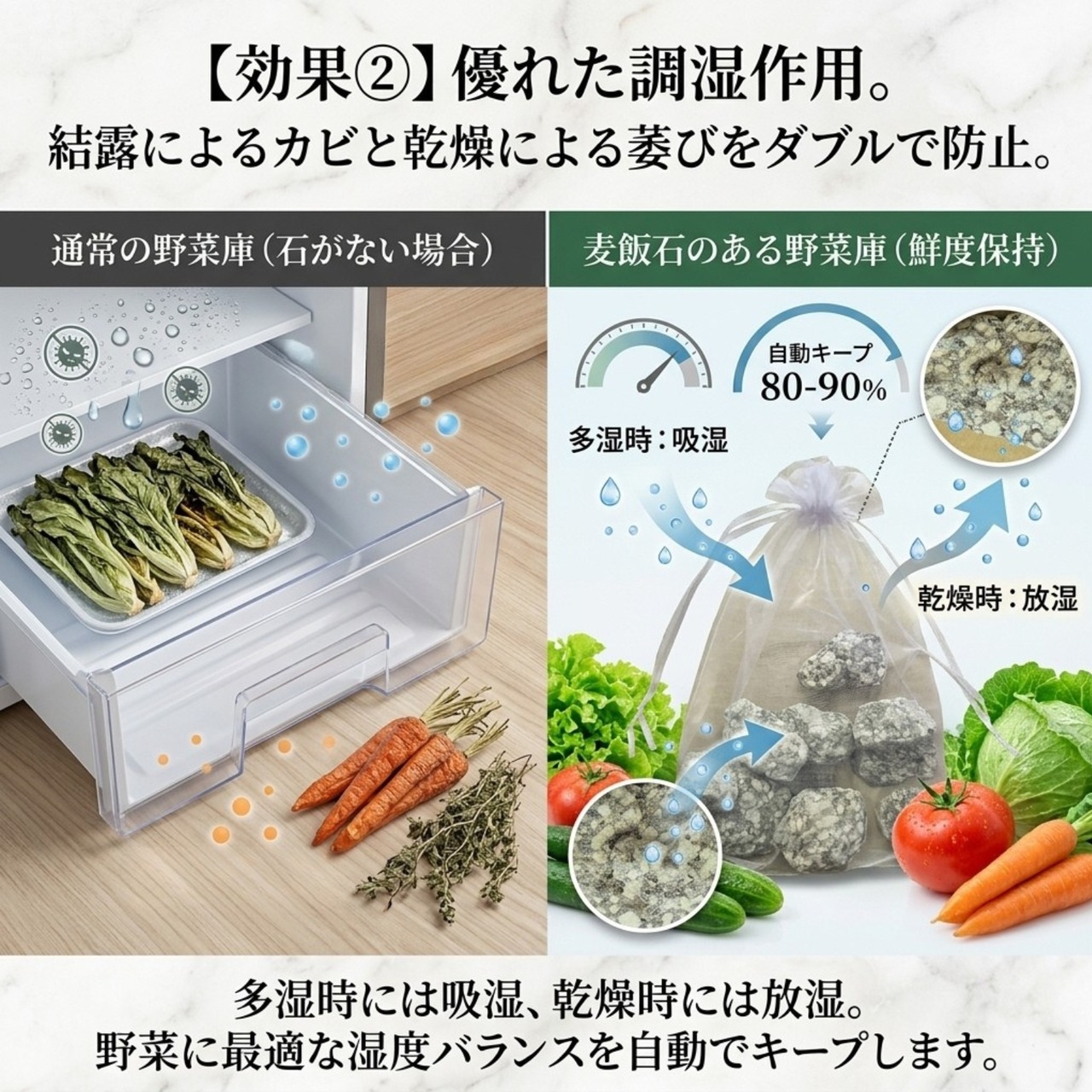 天然麦飯石 野菜室用 鮮度保持サポート 冷蔵庫 消臭 調湿 エチレンガス対策 1.2kg 袋4枚　【野菜の鮮度保持袋】