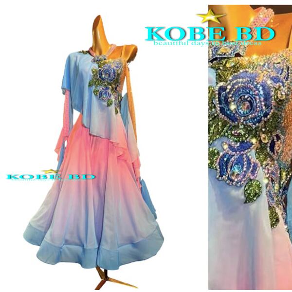 社交ダンスイージーオーダードレス⭐︎グラデーションスタンダードドレス(ブルーピンク/青)【商品番号AI-20122 new type(モチーフの分量が多くなったスペシャルバージョン)】ワルツ スロー ウインナーワルツ