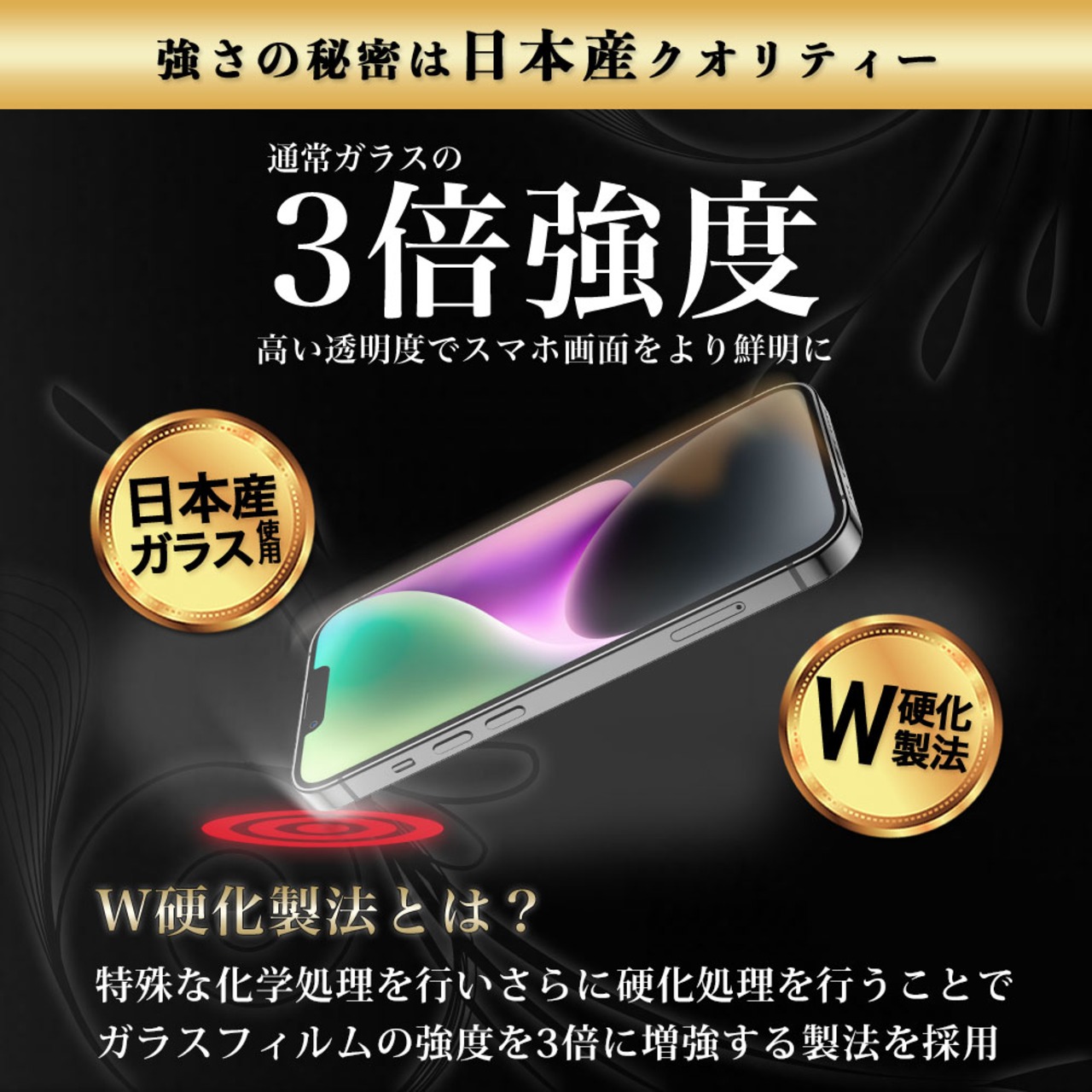 Hy+ iPhone14 Plus フィルム ガラスフィルム W硬化製法 一般ガラスの3倍強度 全面保護 全面吸着 日本産ガラス使用 厚み0.33mm ブラック