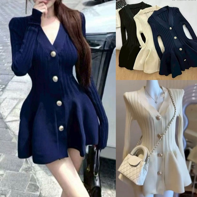 【2026年 春の新作】フロントボタンVあきニットフレアペプラムワンピース