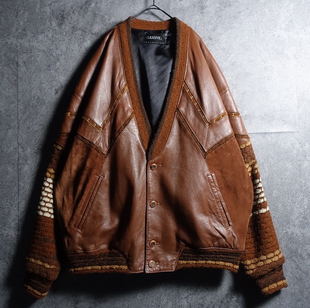 “SAXONY” Brown Leather Switching Design Knit Cardigan