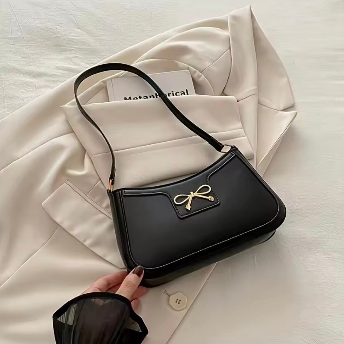リボンチャーム付きエレガントPUショルダーバッグ