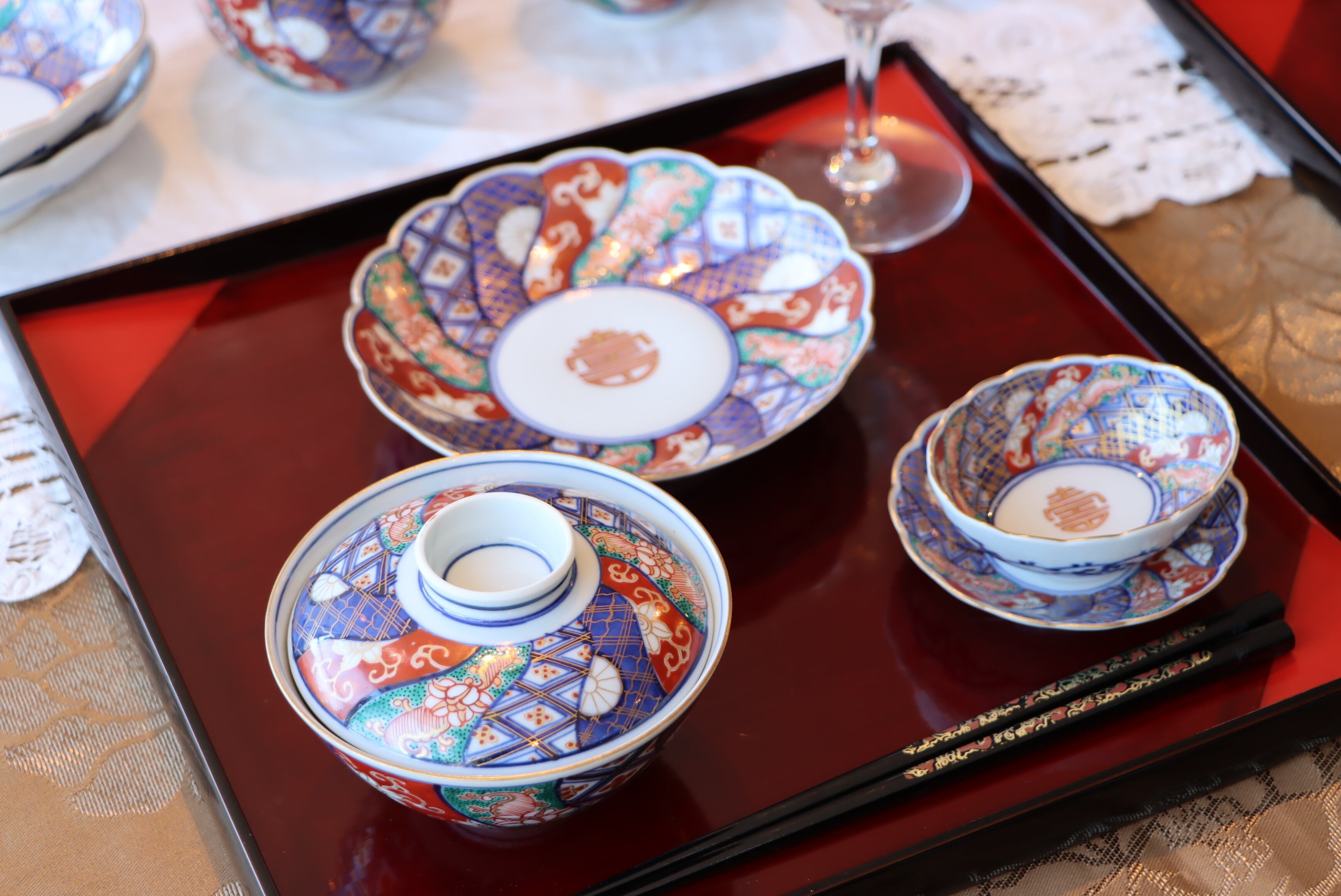 大聖寺伊万里 色絵 捻り壽文 輪花 向付 湯呑 通りもの/Daisyo-ji Imari