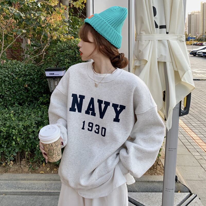 スプリングオータムベルベットグレーラウンドネックセーター ルーズスタイルトップス ロング 春物 秋物 Oネック スーパーモール98556843712