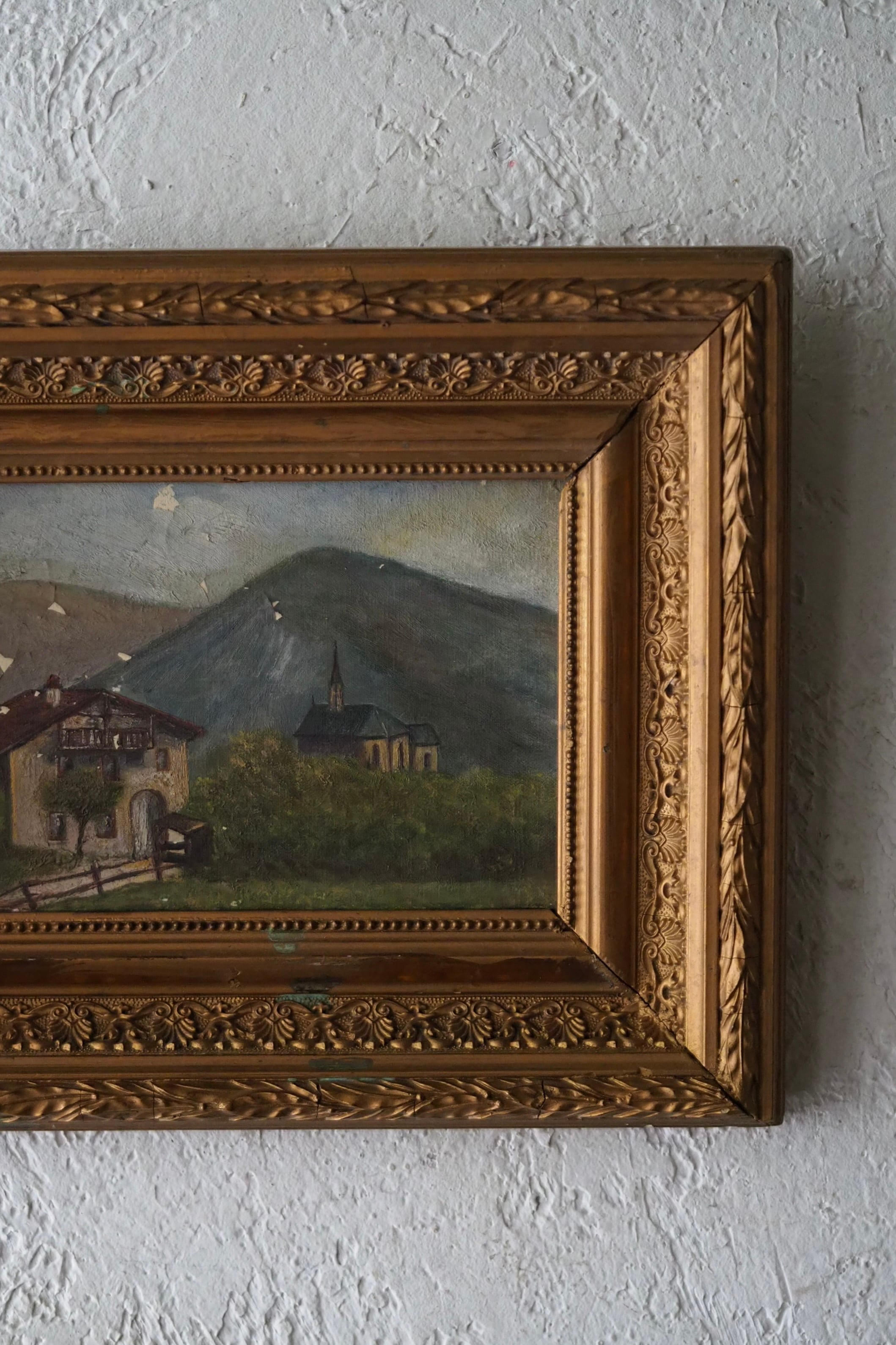 家と教会、山々を背景に 油絵-antique oil painting | アンティーク