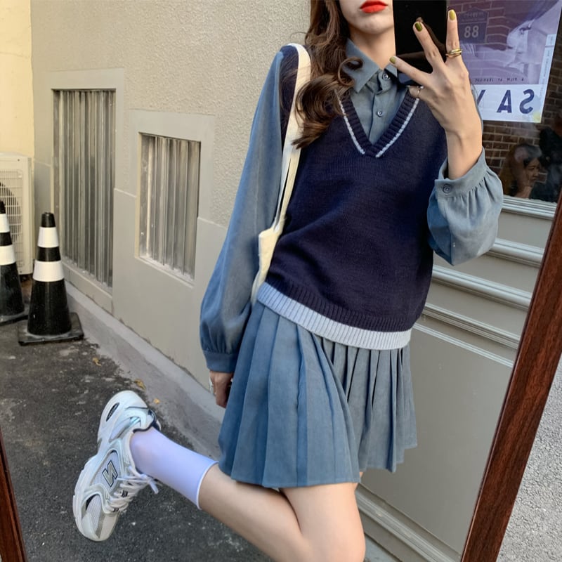 送料無料 スクールコーデ ニットベスト シャツワンピース セット 大学生 高校生 デート お洒落 韓国 Quingdom クイングダム 韓国 レディースファッション通販
