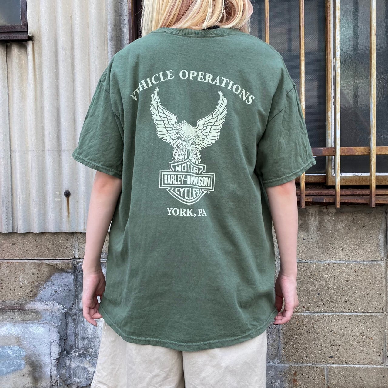 Harley Davidson ハーレーダビッドソン イーグル 両面プリントtシャツ メンズl相当 古着 バックプリント カーキ オリーブグリーン Tシャツ Cave 古着屋 公式 古着通販サイト