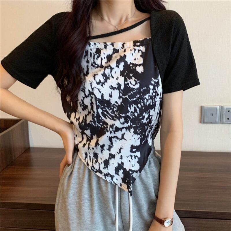 ショートトップス サマーカラー半袖スリーブレッドTシャツ ハーフスリーブ 夏物 スクウェア ハンチェンe67663605697