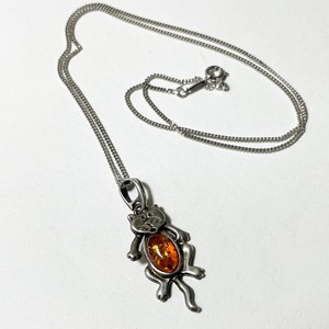 Old 925 Silver Amber Cat Pendant Necklace Made In Euro