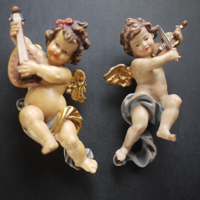 バイオリンとリュートの合奏 木彫り天使 ドイツ