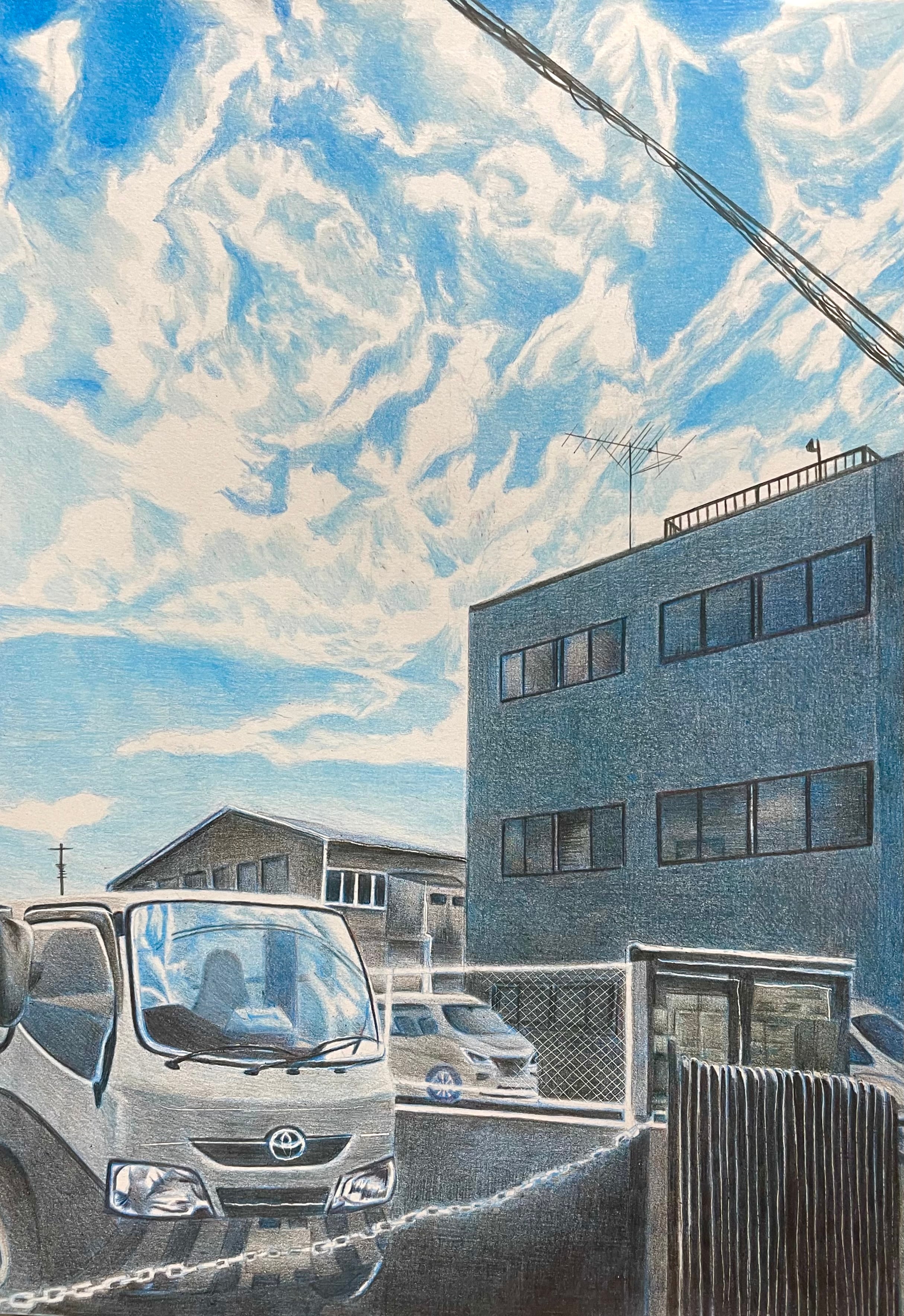夏空とトラック 色鉛筆 5色 空 雲 車 絵 原画 イラスト プレゼント Yune 色鉛筆画家