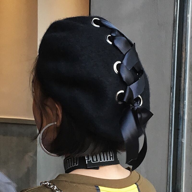 原宿包帯ボウノットウールベレー帽秋冬つぼみアートペインターハットワイルドカジュアルトレンディ ブラック・アイド・ピーズ32827512032