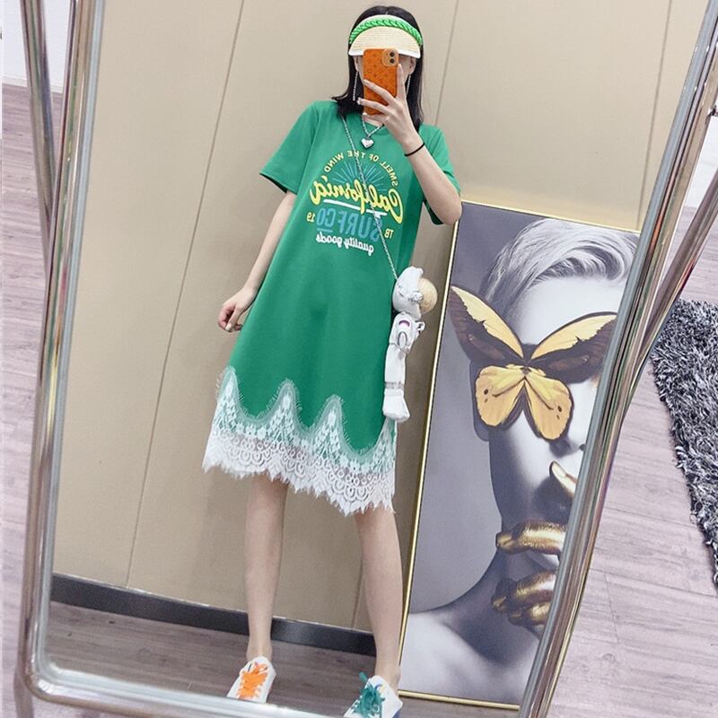 ラウンドネックプリントロングレースドレス ルーズ 大きめサイズ Oネック ステッチ ミックスインファッション88870270680