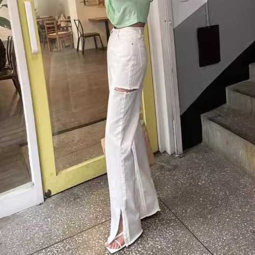 ボトムス レディース 裾スリット ダメージ ハイウエスト 細見え ボトムス パンツ ストレート 白 1ボタン ウォッシュ ybh1832