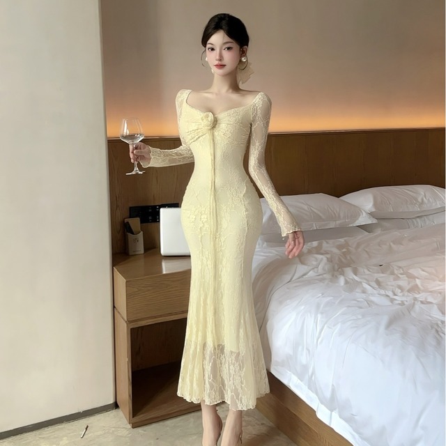 【3色】ロングドレス キャバドレス セクシー レース  ノースリーブ リボンストラップ LW2-DD5819