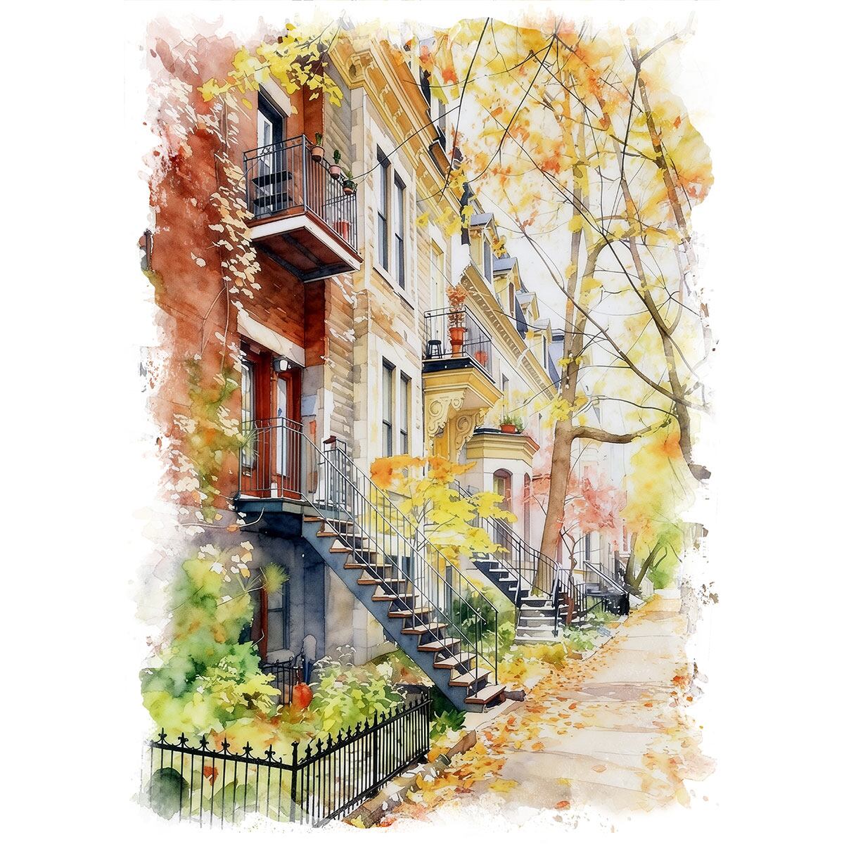 絵画 カナダ 風景画(街並み) ケベック通り ドゥカティのある風景