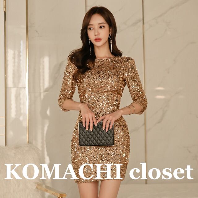 【送料無料】 ドレス パーティードレス イブニングドレス ラウンドネック スパンコール ショート丈 五分袖 スリム 細身 韓国 レディース かわいい 可愛い キュート 大人可愛い 大人女子 シンプル きれいめ 大人 気品 上品 セクシー おしゃれ お洒落 こなれ感 きちんと 大人女子 クール エレガント フェミニン S M L XL ゴールド 春 オルチャン 20代 30代 40代 お呼ばれ パーティー 結婚式 披露宴 二次会 謝恩会 コーデ トレンド 脚長 美脚 スタイルアップ スタイル 安い