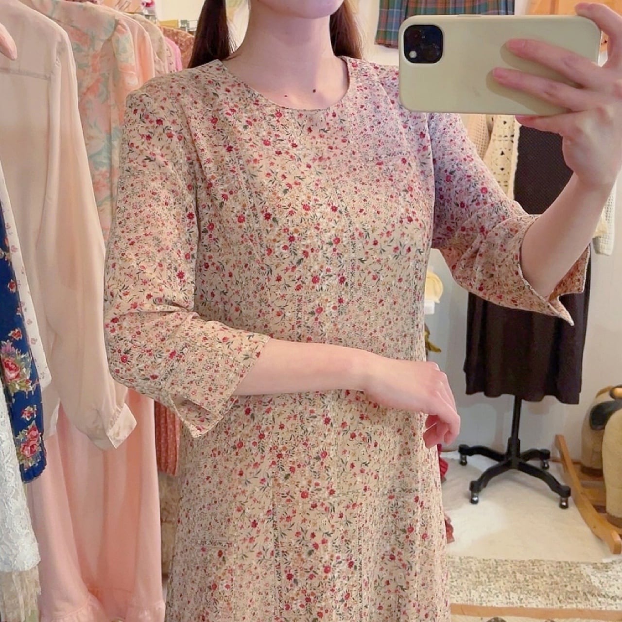 flower dot line slit cuff one-piece