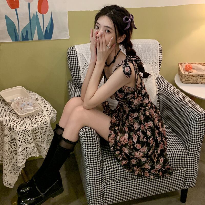 スタンダードウェストフローラルドレス サマースタイルショートスカート レトロ 夏物 花柄 スーパーモール69967660931