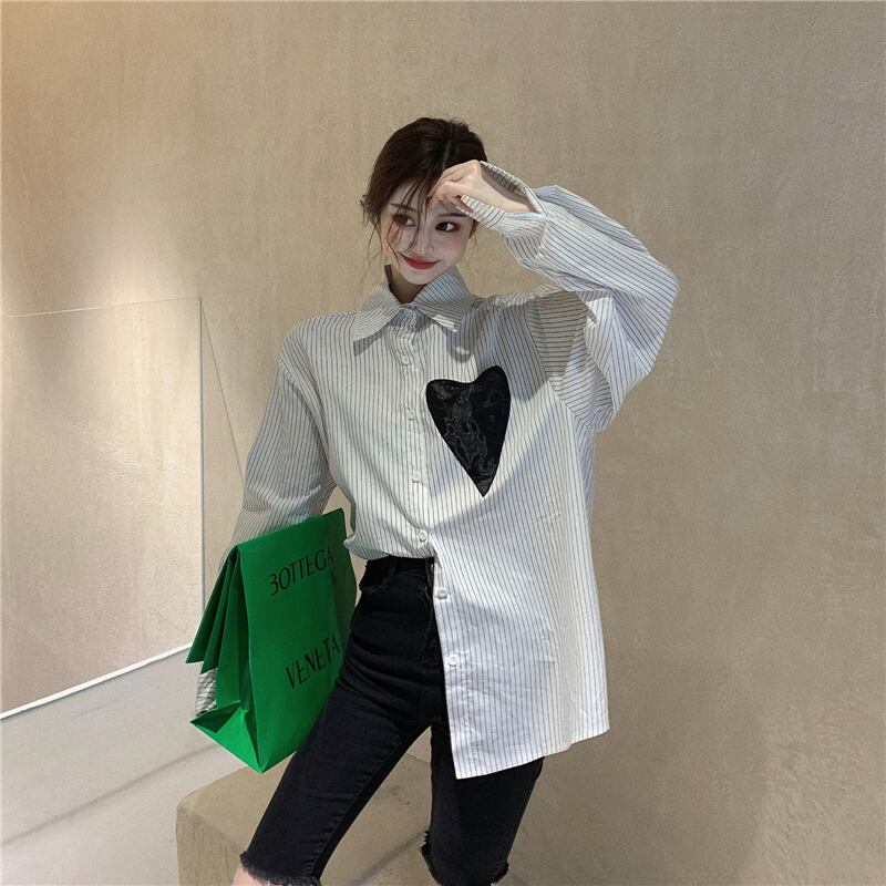 ルーズスタイルシャツ ジャケット スプリングホワイトストライプトップス ロング 春物 ブラックストロベリース15944272397