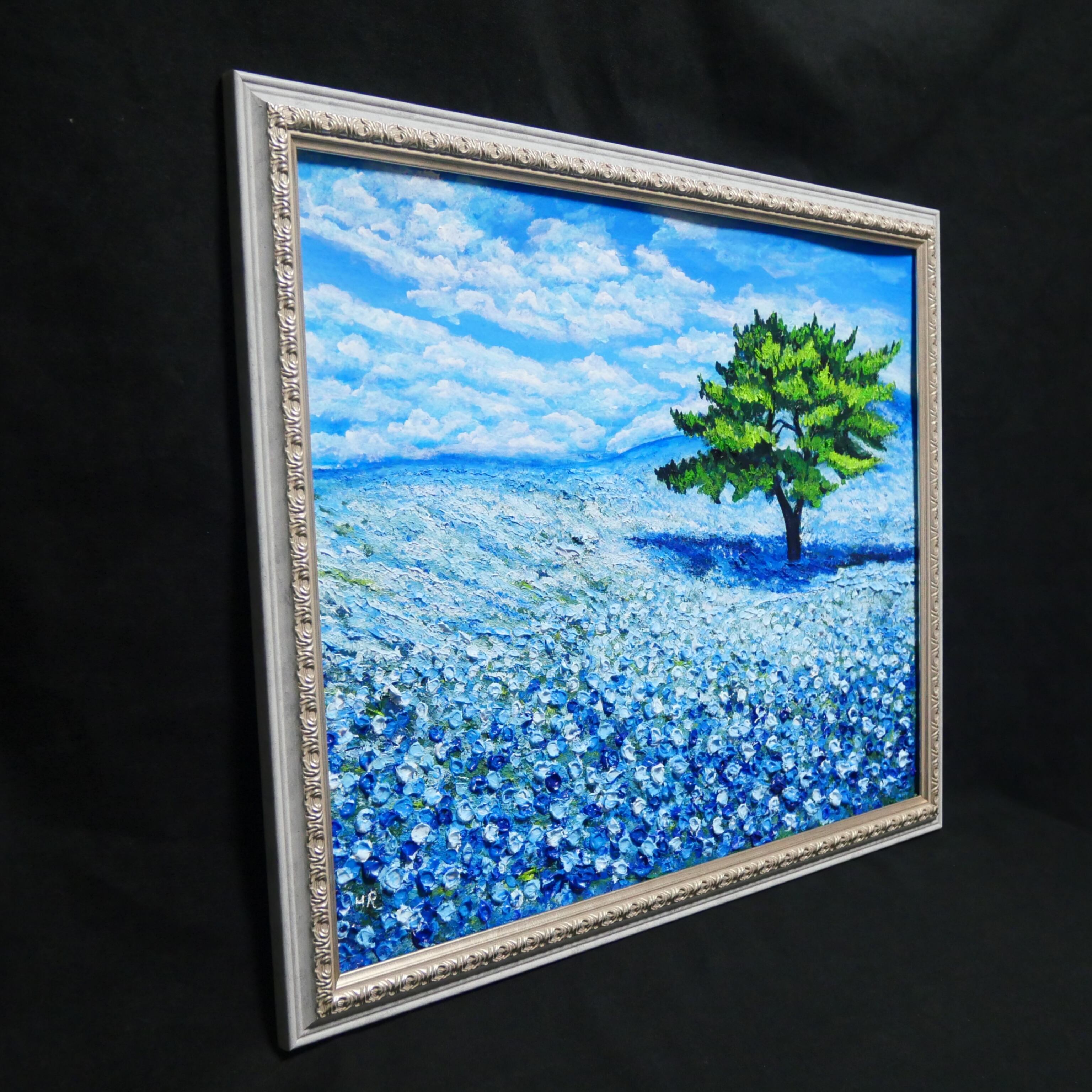 油絵 絵画 【白と青い花】 希望を運ぶ青い花【青空のネモフィラの丘】インテリアアート原画