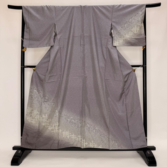 洒落訪問着 紬 灰色 裄67.2cm L サイズ 正絹 お稽古 食事会 6340