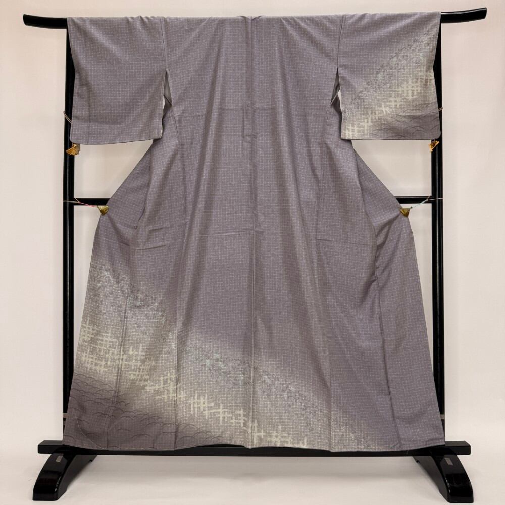 洒落訪問着 紬 灰色 裄67.2cm L サイズ 正絹 お稽古 食事会 6340