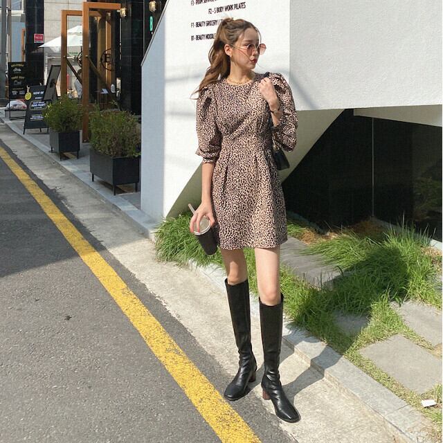 S/M レディース ワンピース パフスリーブ 長袖 レオパード ヒョウ柄