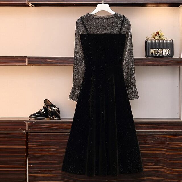 春新作 ワンピースドレス ドッキングワンピース 長袖 ベロア ベルベット シースルー袖 キャンディースリーブ ラメ入り 黒ワンピース 体型カバー 大きいサイズ 大人可愛い きれいめ 上品 オケージョン お呼ばれ 代 30代 40代 ブラック P6510 Kirari きらり