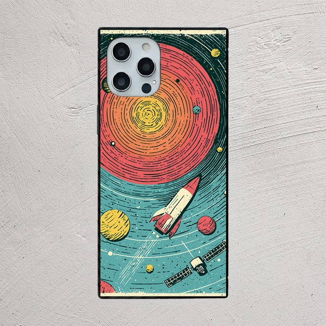 受注生産 iPhoneケース 赤い渦巻き銀河とロケットの宇宙柄｜レトロ宇宙 RFSP024C