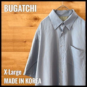 【BUGATCHI】韓国製 水色 ストライプ 半袖シャツ XL  ビッグサイズ レーヨン ポリエステル 爽やかな一着 US古着