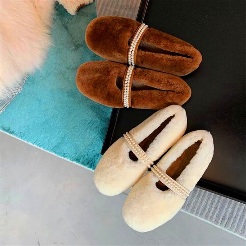 【新作】【送料無料】 パールチェーンウールラウンドヘッドレディースローヒールシューズホワイトブラウンシングルシューズ秋冬レディースパーティーシューズ 靴 オータム 秋物 ウィンター 冬物 真珠 10b363327814098