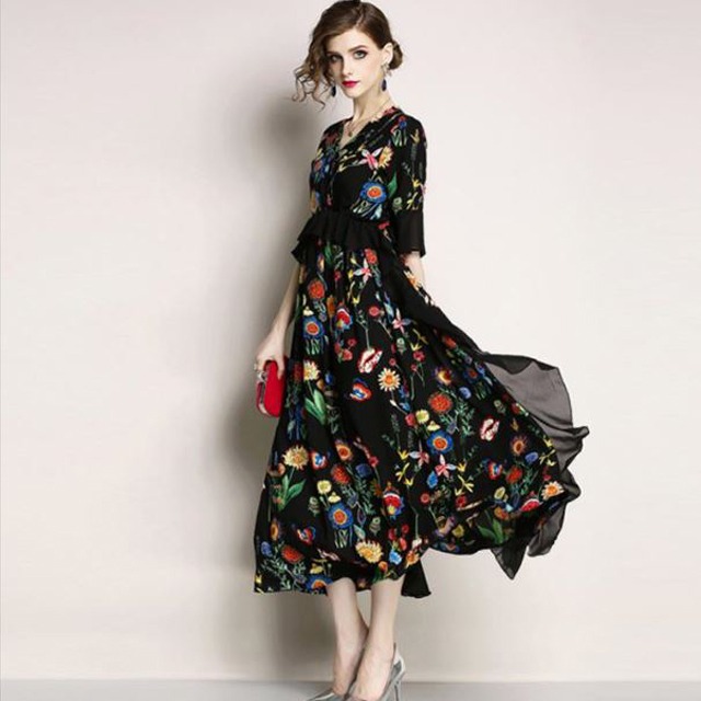 一部即納 ワンピース ミモレ丈 膝丈 花柄 ブラック レトロ 華やか 大人 レディース Ol オフィス パーティー Ruru