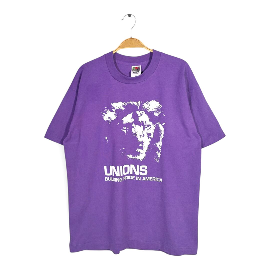 90s ライオン アニマルプリント 米国労働者組合 メキシコ製 ヴィンテージ Tシャツ シングルステッチ パープル フルーツオブザルーム サイズL 古着 BZ0514