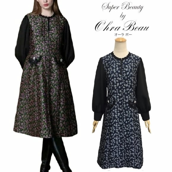 スーパービューティー ワンピース 花柄ジャガード織 袖切替 2426014 ブラック/ブルー 2024/2025年秋冬 オーラボー 大人かわいい服 大人スタイル キレイメ Super Beauty レディース アパレル 女性 M L LL 30代 40代 50代 60代