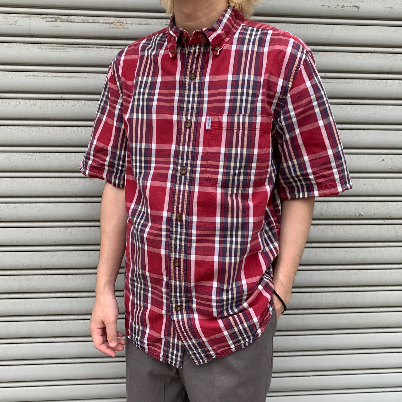 carhartt チェック柄半袖シャツ リラックスドフィット レッド系 M