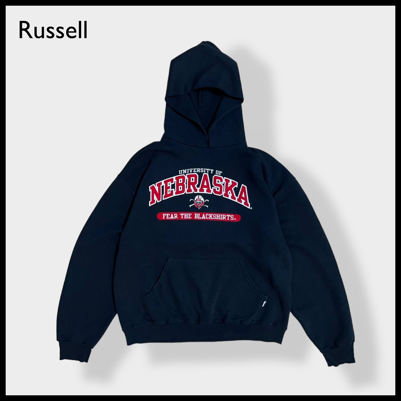 【Russell】カレッジ アーチロゴ ネブラスカ大学 UNIVERSITY OF NEBRASKA 刺繍ロゴ パーカー スウェット フーディー フットボール hoodie L us古着