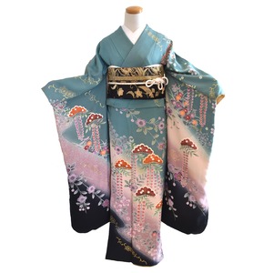 振袖 レンタル フルセット ヴィンテージ振袖 ビンテージ 昭和 M〜Lサイズ 青緑 藤の花文様 【KIMONO梅千代】 umefv0044