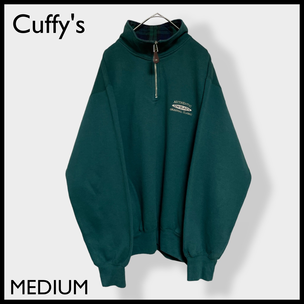 【Cuffy's of Cape Cod】ワンポイントロゴ 刺繍ロゴ ハーフジップ スウェット AUTHENTIC SWEATS ORIGINAL CLASSIC プルオーバー ディーグリーン チェック MEDIUM US古着