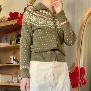 ノルディック柄ジッパーニット　グリーン