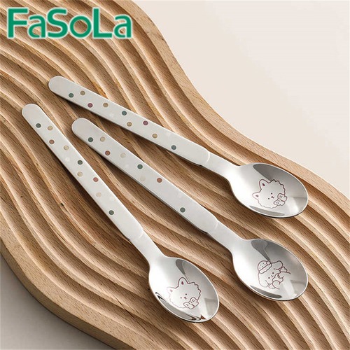 FaSoLa ステンレス製スプーン｜おしゃれなデザイン・家庭用・長柄・厚手タイプ｜大人・子ども兼用の食事用スプーン／スープスプーン