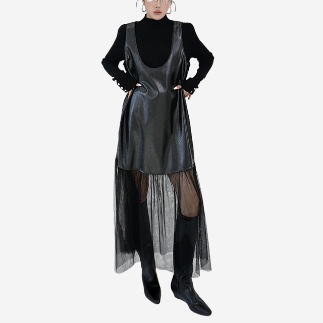 Mesh and PU Vest Dress (ME371)