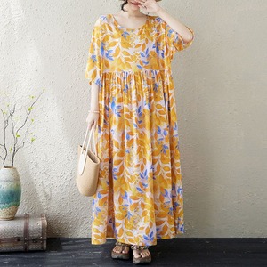 PRINT ROUND NECK LOOSE PLEATED MAXI DRESS M-18085