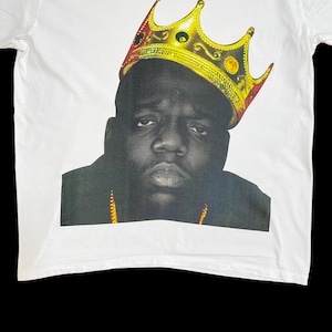 【RAW UNCUT】ノトーリアス・B.I.G ラップTシャツ ビギー フォトプリント 王冠 白t Vネック L 半袖 Notorious B.I.G US古着