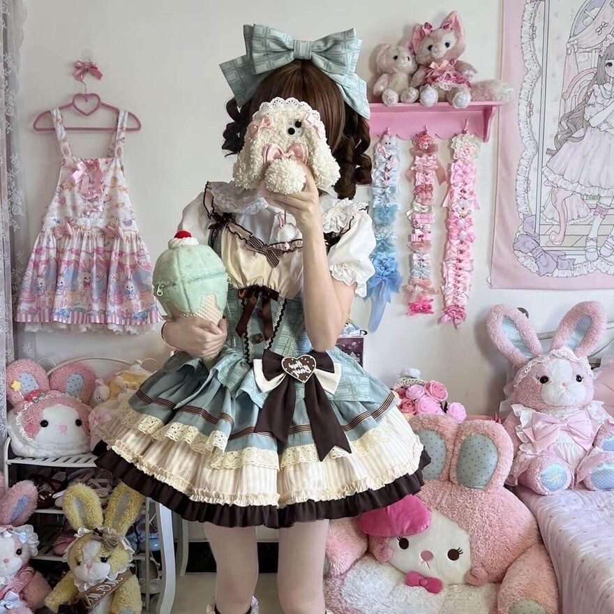 【最終価格】ハンドメイド　衣装　コスプレ　アイドル　甘ロリ　ステージ　生誕祭 甘ロリ｜ミントチェックリボンJSK（カチューシャ付）生誕祭衣装