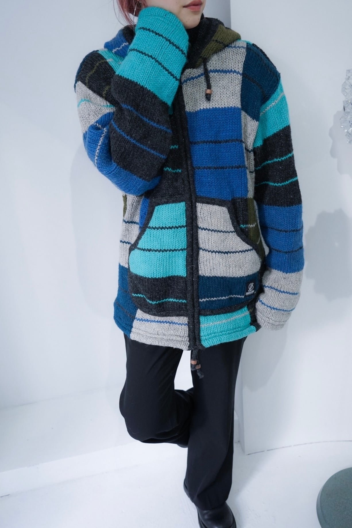 knit × fleece zip up coat