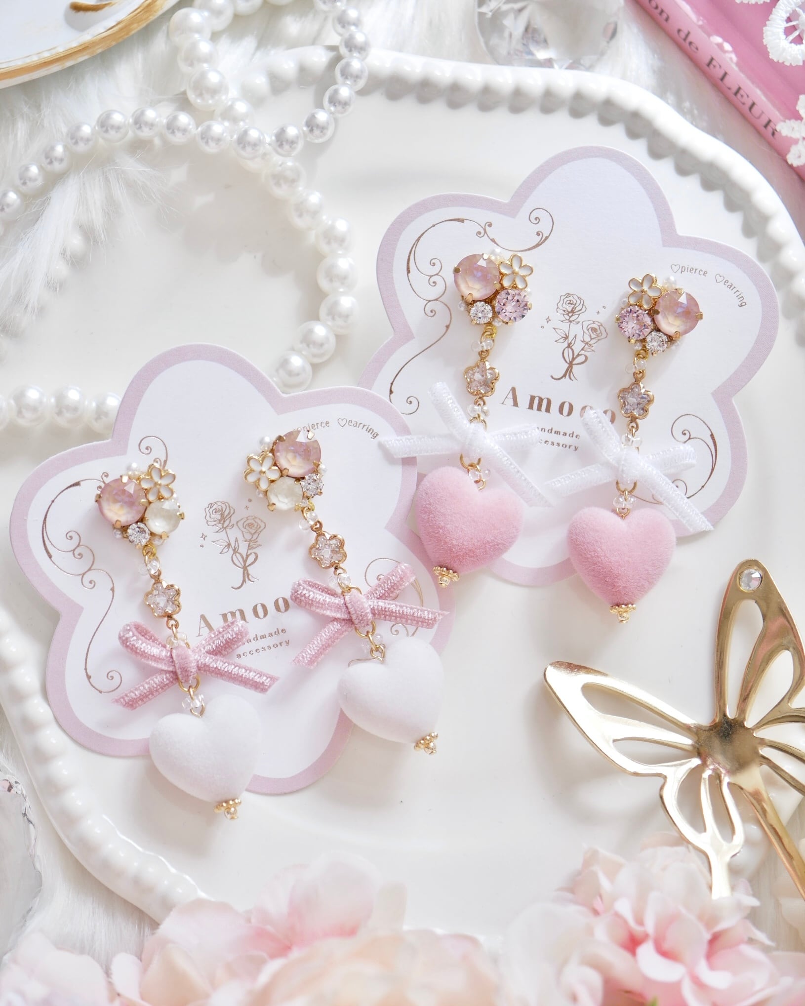 7914 フロッキーハートフラワービジューピアス/イヤリング