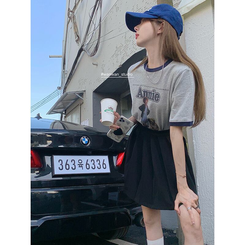 スタンダードカラープリントTシャツ サマーカジュアルルーズトップス レトロ 大人ガーリー スウィート キュート 夏物 ブラックストロベリース53458750859