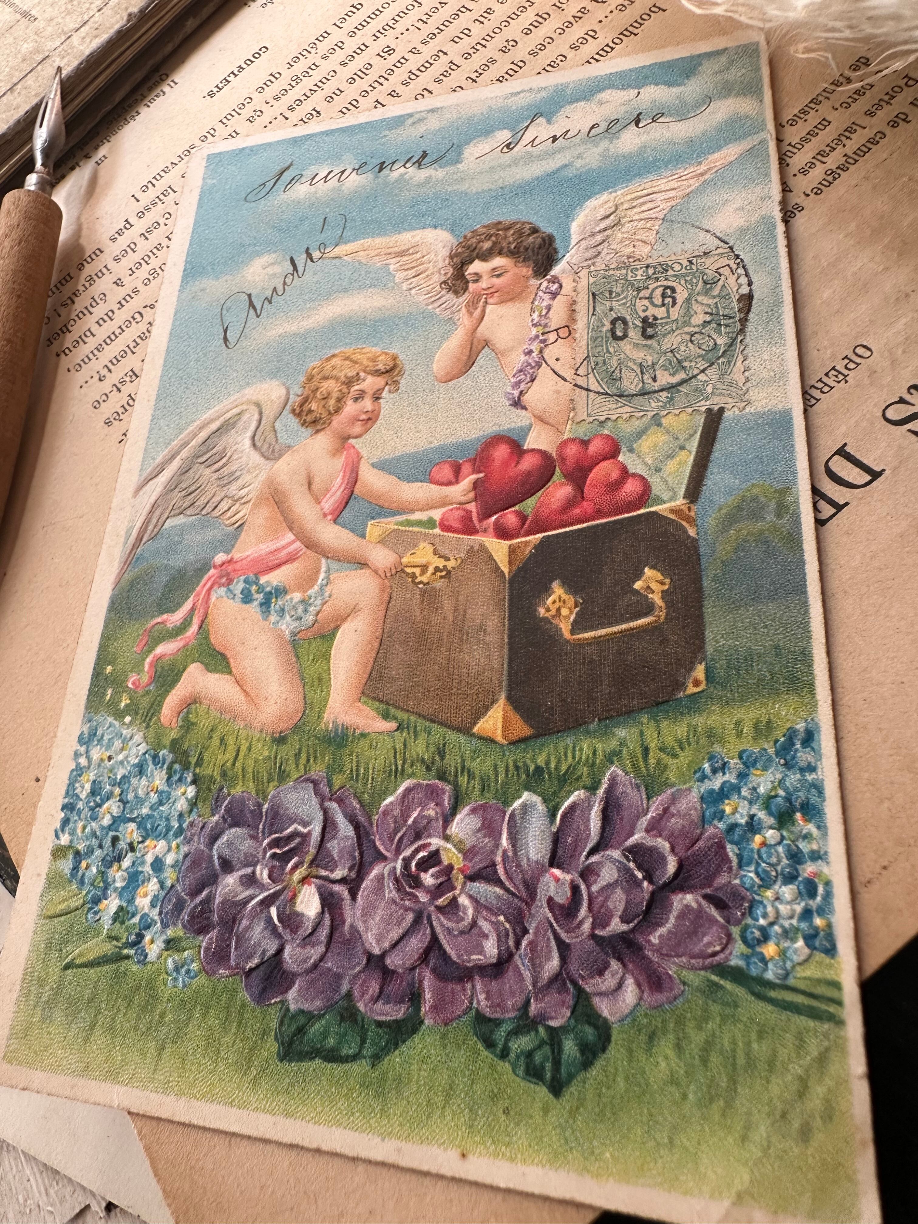 天使とハートの宝箱のポストカード エンボス加工 | Brocante de La